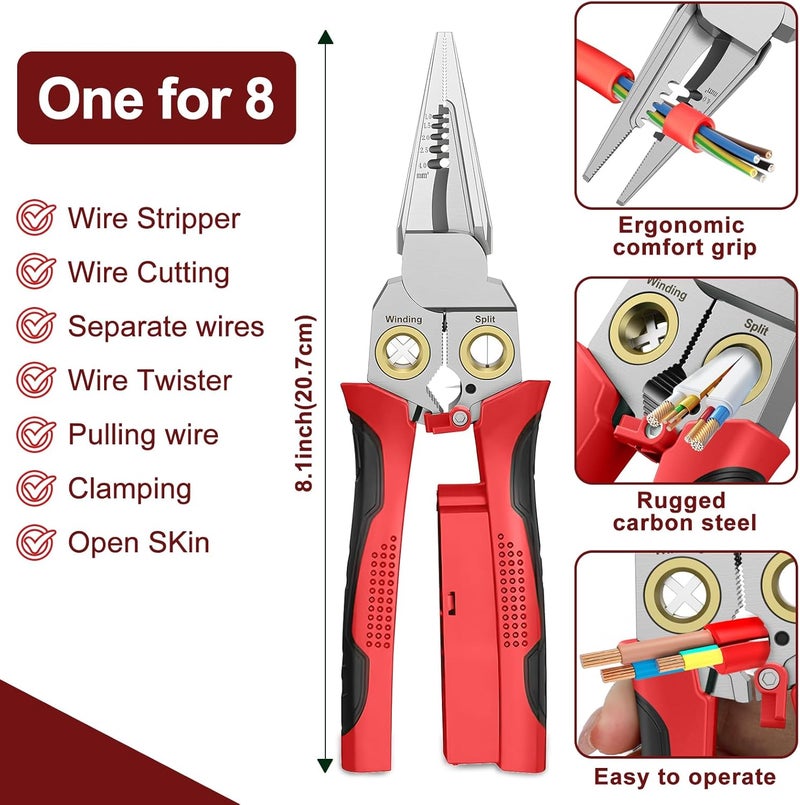 GADO Pro 8-in-1 Wire Crimper Stripper with Voltage Detector & Dual Alarms - Heavy Duty 12-250V AC/DC Tester for Hot/Neutral Wires - Electrician, HVAC, Car Repair Tool (Red) - Image 3